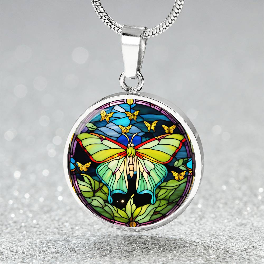 Stained Glass Luna Moth Pendant Necklace, Butterfly Celestial pendant, Lunar Cycle, Cottagecore insect jewelry, Mystic Moon and Moth Pendant