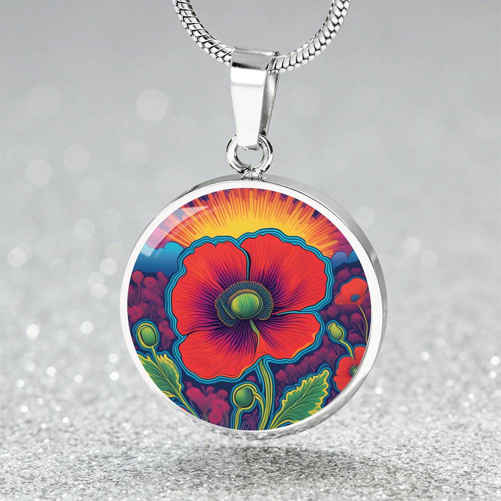 August Birthflower Poppy Trippy 70s 80s Art Pendant Necklace, Boho hippie Retro Poppies Floral Jewelry, Groovy Vintage Art Gift for Her