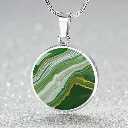 Green Marble Texture Gold Veins Pendant Necklace Gemstone Liquid Art Jade Malachite Slab Wavy Abstract Modern Art Alcohol Ink Pattern