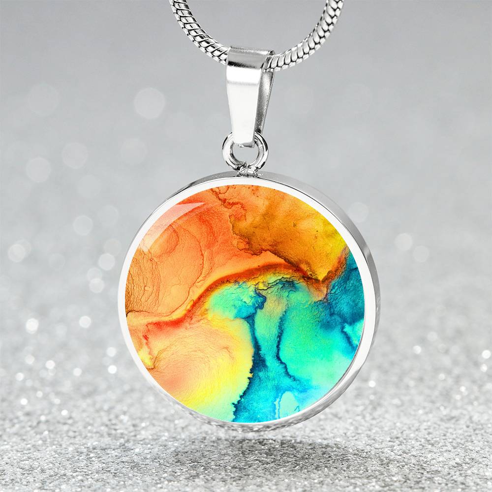 Abstract Alcohol Ink Pendant Necklace Modern Fluid Art Marble Texture Acrylic Paints Orange Turquoise Yellow Trendy Contemporary Art Design