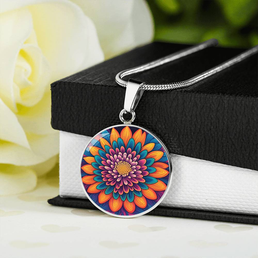 November Birth Flower Chrysanthemum Psychedelic Art Pendant Necklace, Boho hippie Retro Floral Jewelry, Groovy Vintage Art Gift for Her
