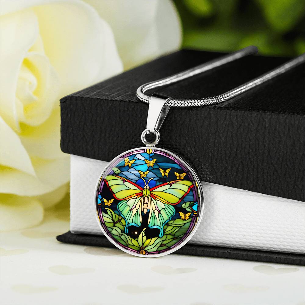Stained Glass Luna Moth Pendant Necklace, Butterfly Celestial pendant, Lunar Cycle, Cottagecore insect jewelry, Mystic Moon and Moth Pendant