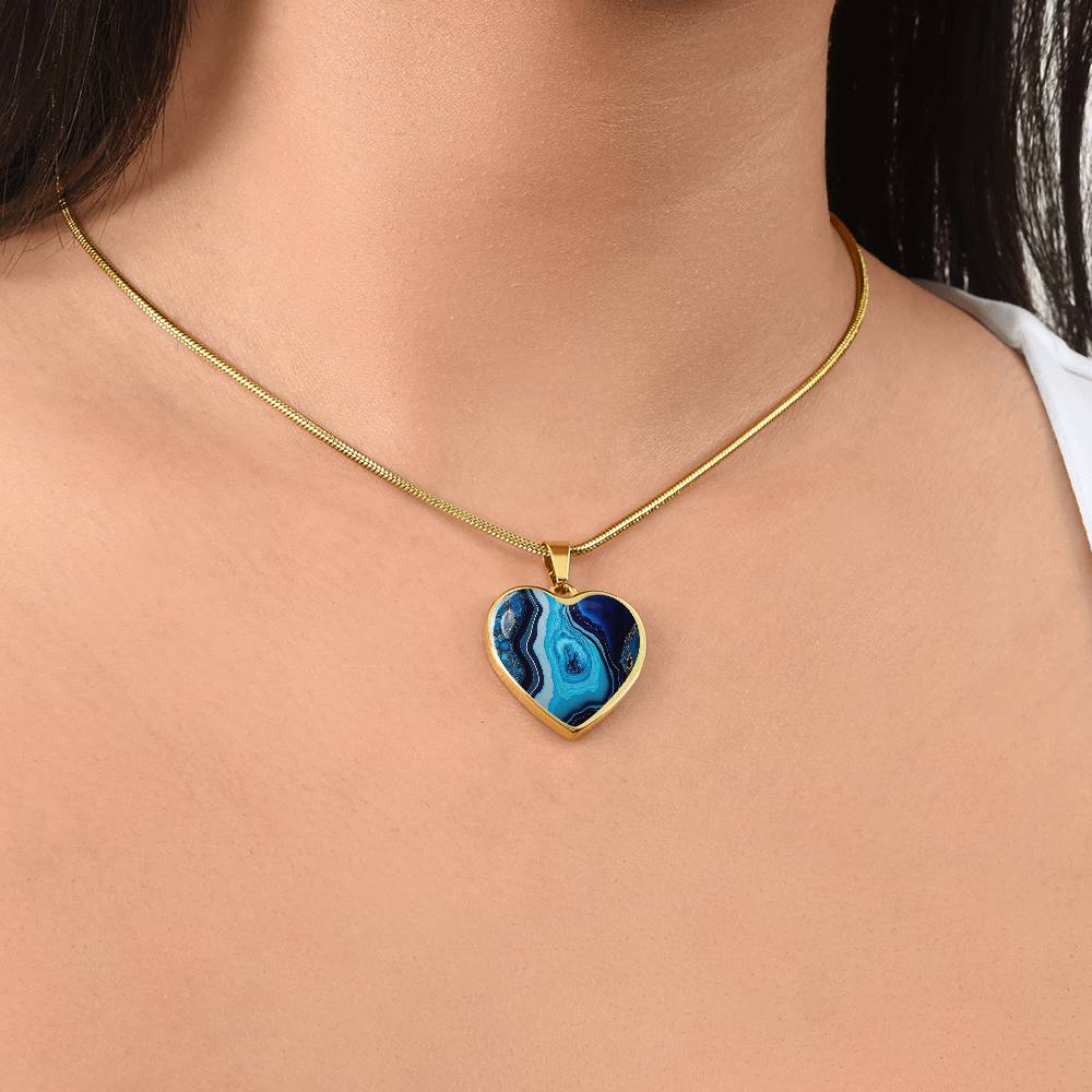Alcohol Ink Pendant Necklace Blue Gold Wanderlust Jewelry Trendy Fluid Art Colorful Abstract Background Stainless Steel Gold Base