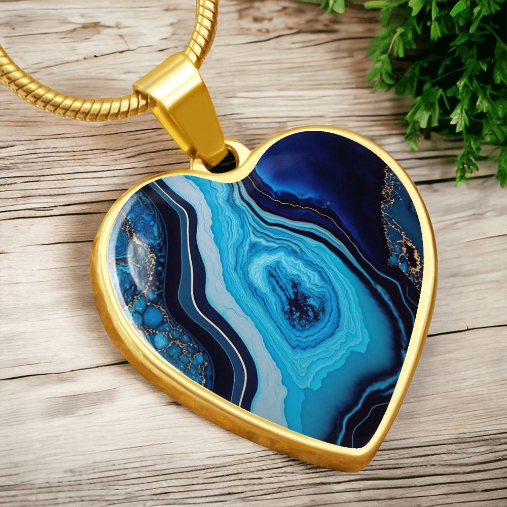 Alcohol Ink Pendant Necklace Blue Gold Wanderlust Jewelry Trendy Fluid Art Colorful Abstract Background Stainless Steel Gold Base