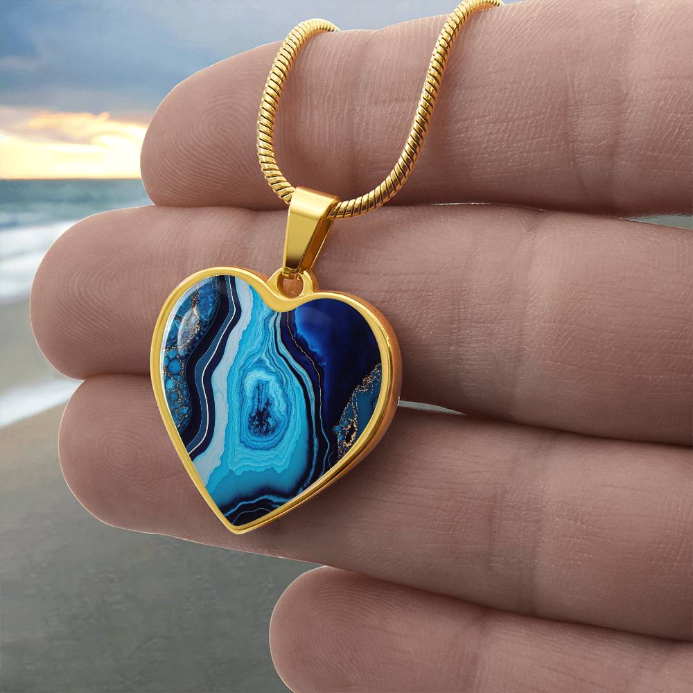 Alcohol Ink Pendant Necklace Blue Gold Wanderlust Jewelry Trendy Fluid Art Colorful Abstract Background Stainless Steel Gold Base