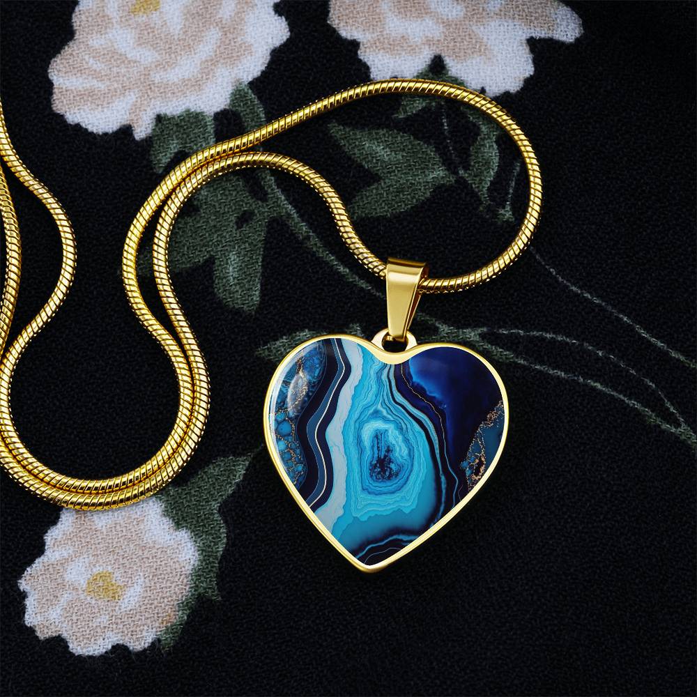 Alcohol Ink Pendant Necklace Blue Gold Wanderlust Jewelry Trendy Fluid Art Colorful Abstract Background Stainless Steel Gold Base