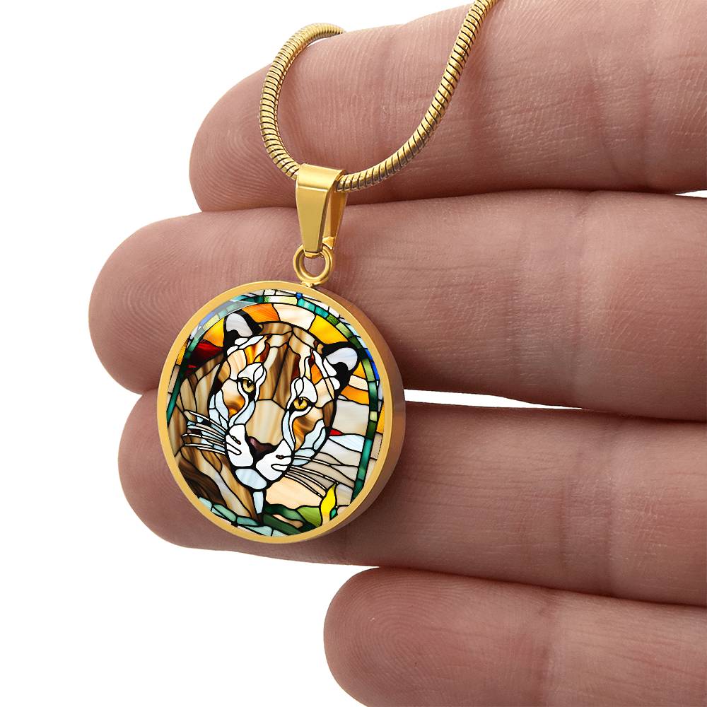 Jaguar Engraved Celtic Native American Zodiac Animal Charm Pendant Stained Glass Art Necklace Protection Spirit Dream Cat Jewelry Gift