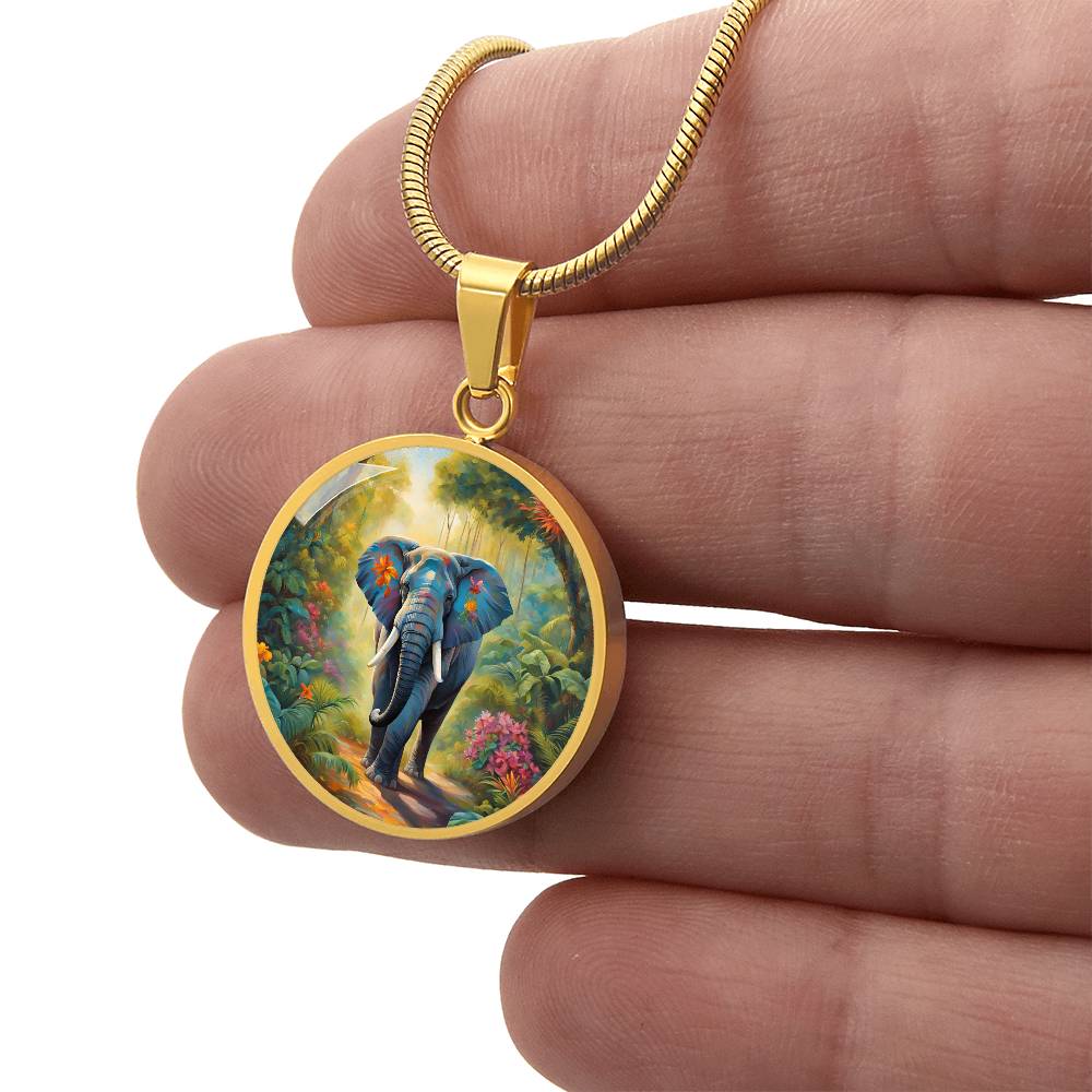 Vibrant Elephant Pendant Necklace Tropical Forest Floral Jewelry Jungle Art Charm, Animal and Nature Lovers Necklace Gift for Her, Him Gift