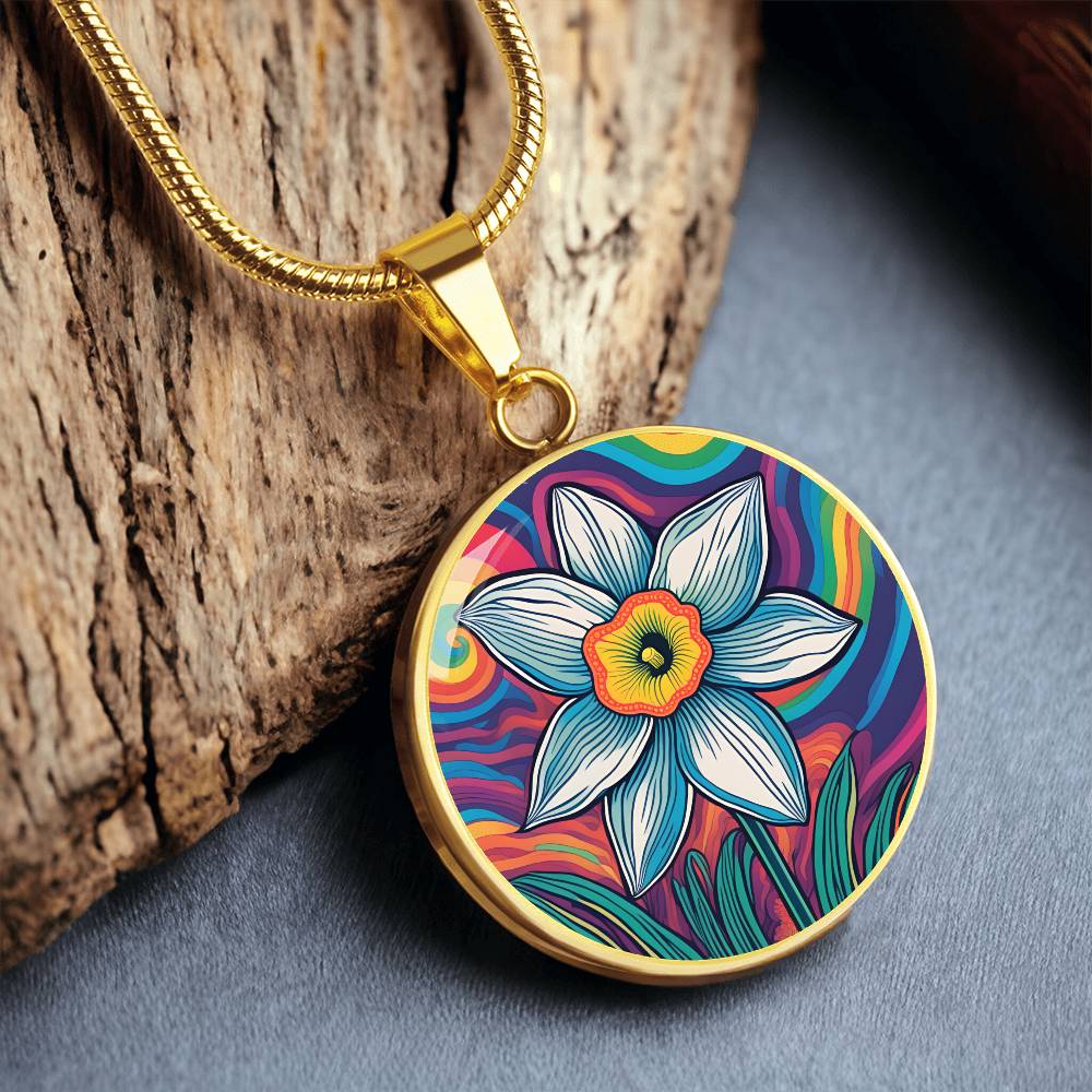 December Birth Flower Narcissus Psychedelic Art Pendant Necklace, Boho hippie Retro Floral Jewelry, Groovy Vintage Art Gift for Her