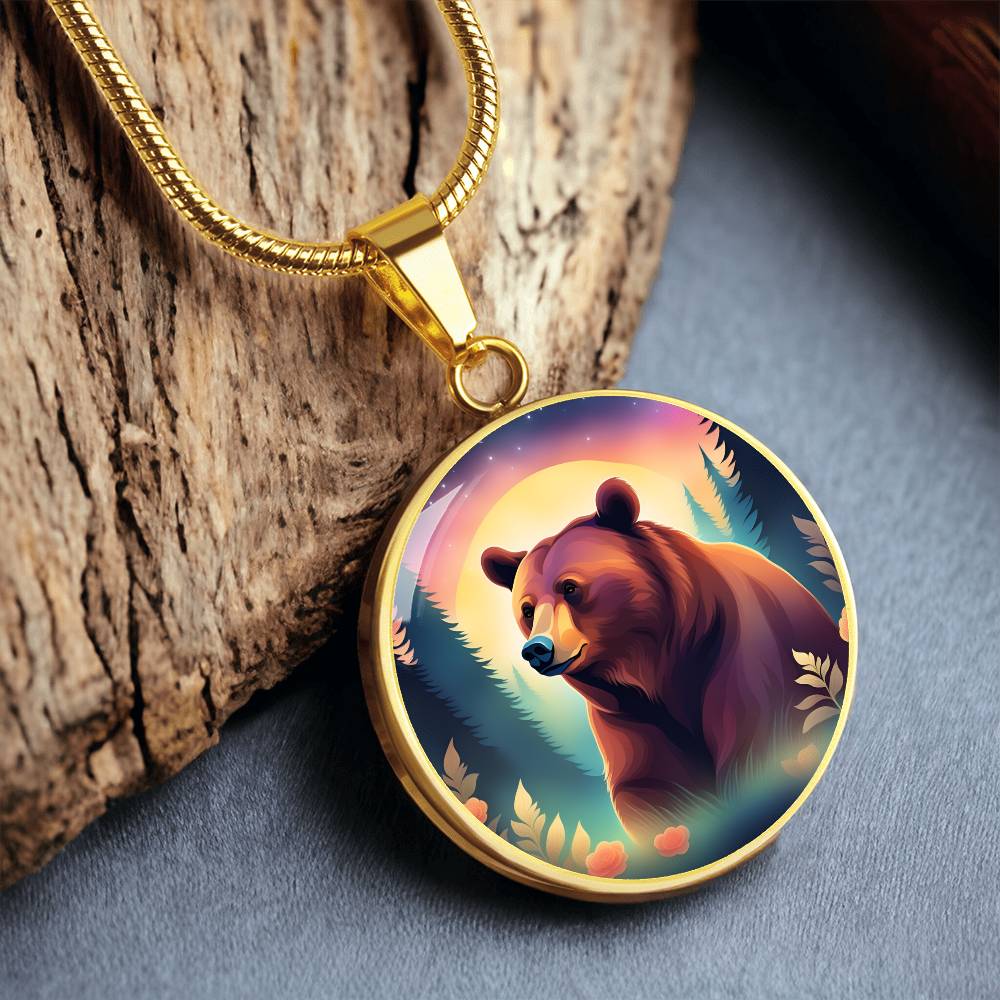 Dreamy Bear Pendant Necklace Gift, Magical Forest Wildlife Jewelry Moonlit Twilight Pastel Flowers Gift For Mom Grandma Mama Bear birthday