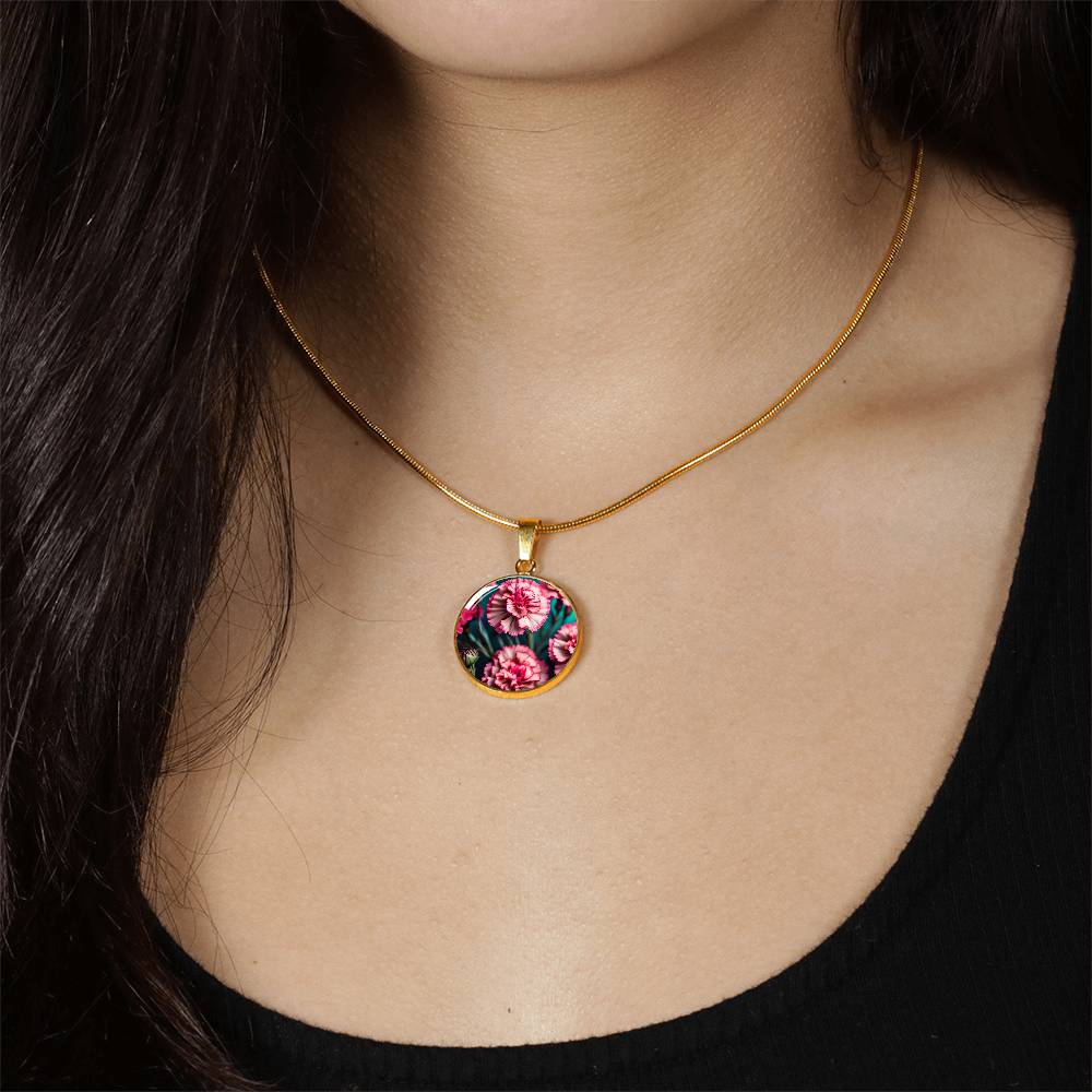 Birthflower Carnation Necklace, January Birth Flower Necklace, Flower Design Circle Pendant Mothers Day Necklace & Valentines Gifts For Her