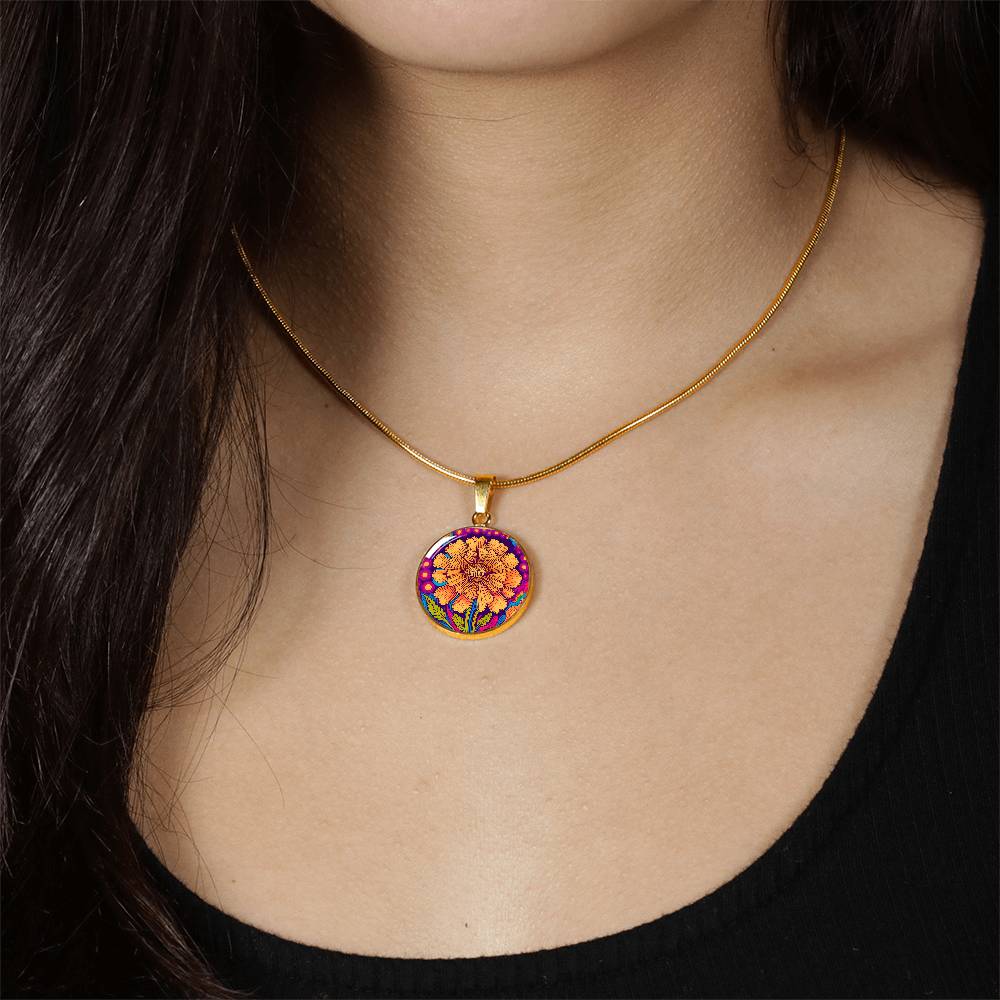 October Birth Flower Marigold Trippy 70s 80s Art Pendant Necklace, Boho hippie Retro Floral Jewelry Marigold Groovy Vintage Art Gift For Her