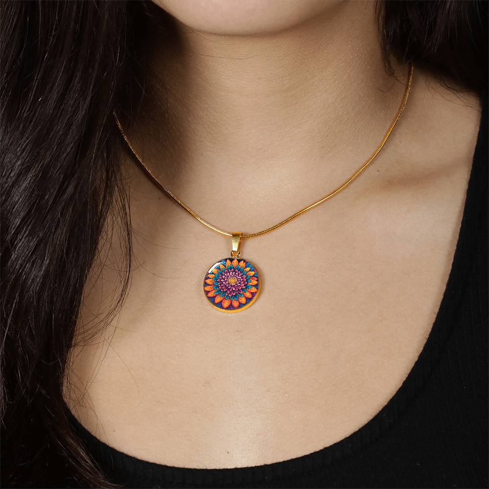 November Birth Flower Chrysanthemum Psychedelic Art Pendant Necklace, Boho hippie Retro Floral Jewelry, Groovy Vintage Art Gift for Her