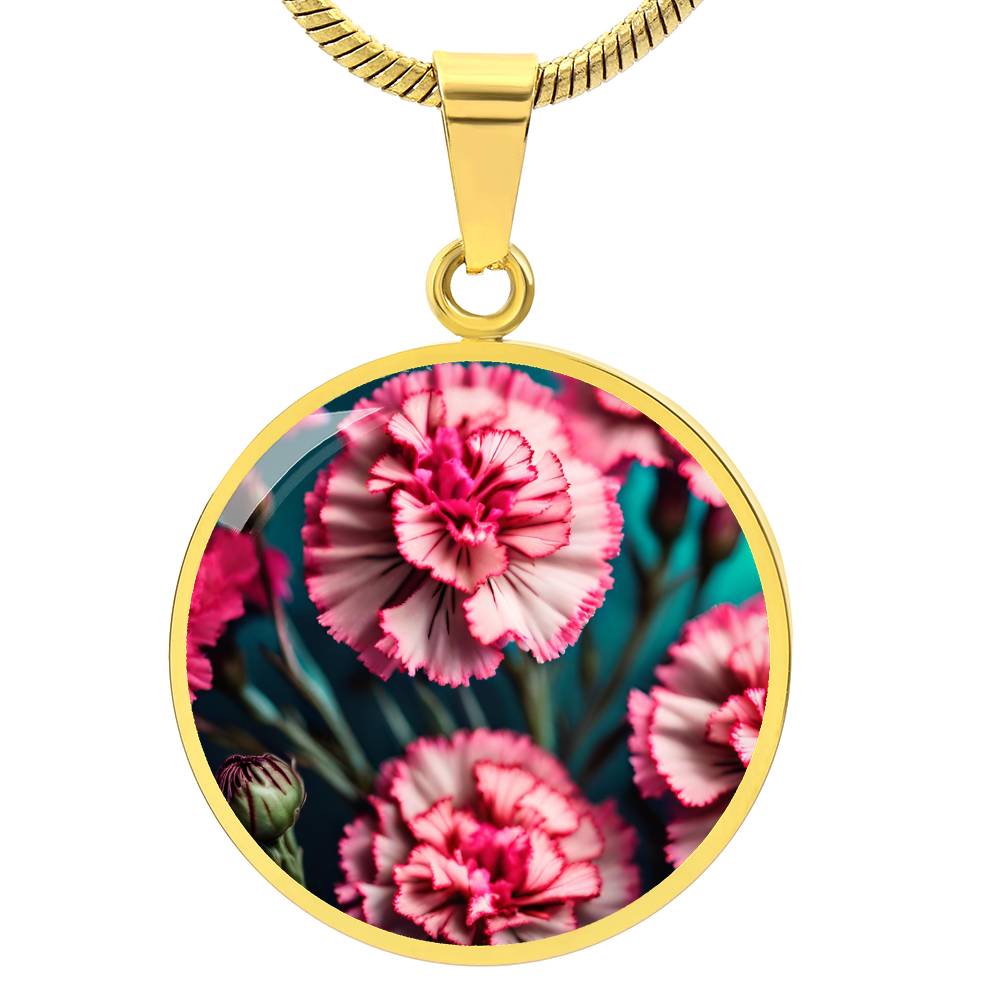 Birthflower Carnation Necklace, January Birth Flower Necklace, Flower Design Circle Pendant Mothers Day Necklace & Valentines Gifts For Her