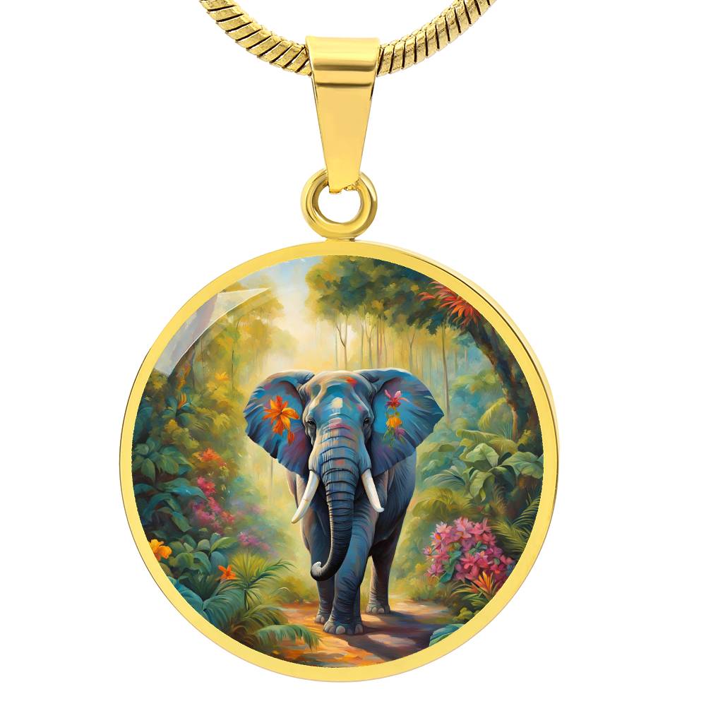 Vibrant Elephant Pendant Necklace Tropical Forest Floral Jewelry Jungle Art Charm, Animal and Nature Lovers Necklace Gift for Her, Him Gift