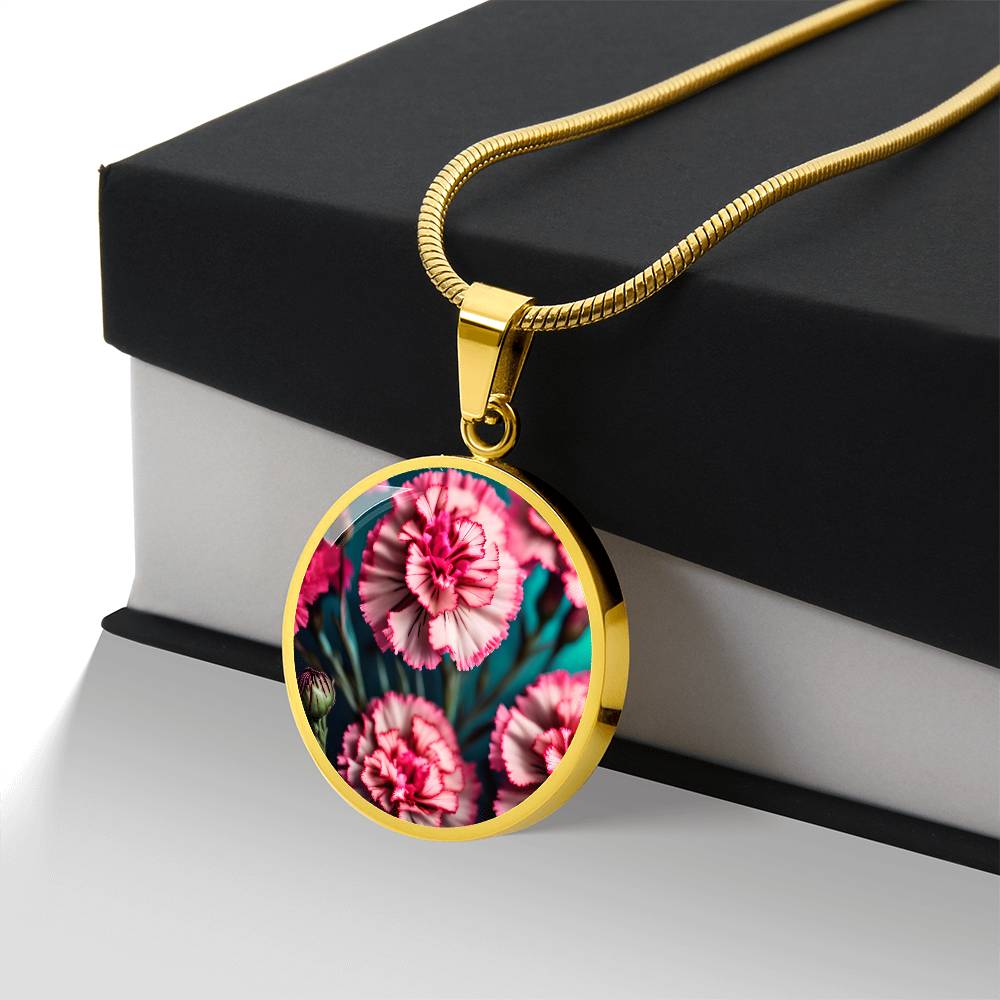 Birthflower Carnation Necklace, January Birth Flower Necklace, Flower Design Circle Pendant Mothers Day Necklace & Valentines Gifts For Her