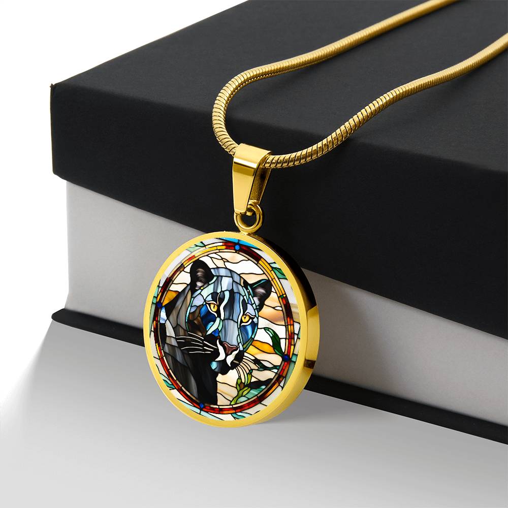 Jaguar Engraved Celtic Native American Zodiac Animal Charm Pendant Stained Glass Art Necklace Protection Spirit Dream Cat Jewelry Gift