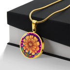 October Birth Flower Marigold Trippy 70s 80s Art Pendant Necklace, Boho hippie Retro Floral Jewelry Marigold Groovy Vintage Art Gift For Her