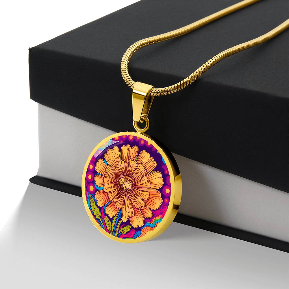October Birth Flower Marigold Trippy 70s 80s Art Pendant Necklace, Boho hippie Retro Floral Jewelry Marigold Groovy Vintage Art Gift For Her