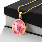 Alcohol Ink Pendant Necklace Pink Purple Gold Wanderlust Jewelry Trendy Fluid Art Colorful Abstract Backgroud Stainless Steel Gold Base