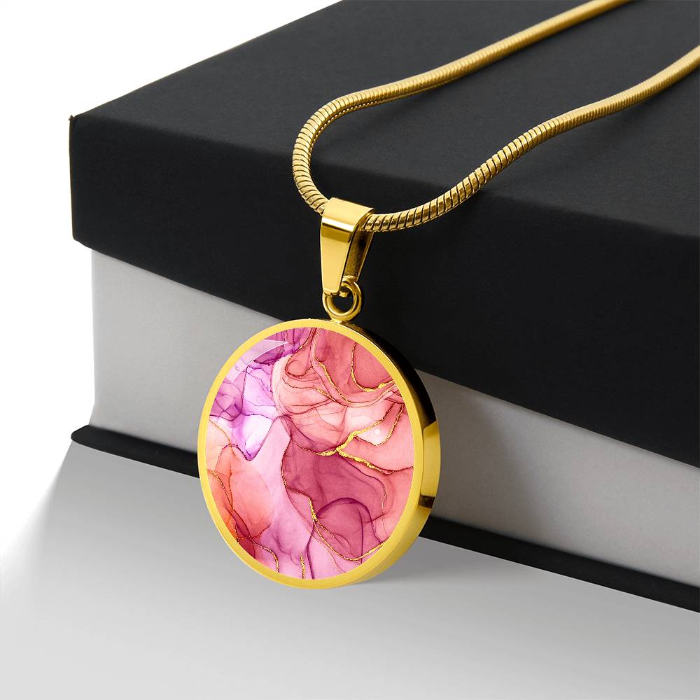 Alcohol Ink Pendant Necklace Pink Purple Gold Wanderlust Jewelry Trendy Fluid Art Colorful Abstract Backgroud Stainless Steel Gold Base