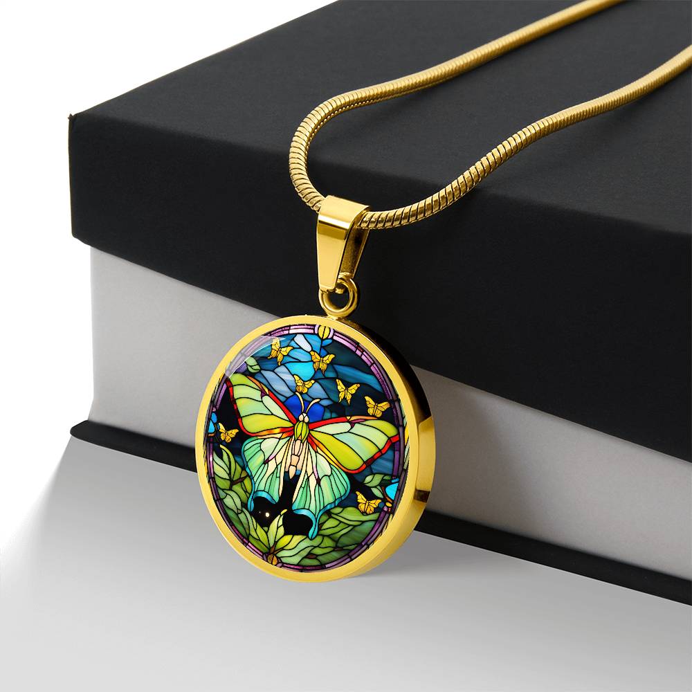 Stained Glass Luna Moth Pendant Necklace, Butterfly Celestial pendant, Lunar Cycle, Cottagecore insect jewelry, Mystic Moon and Moth Pendant