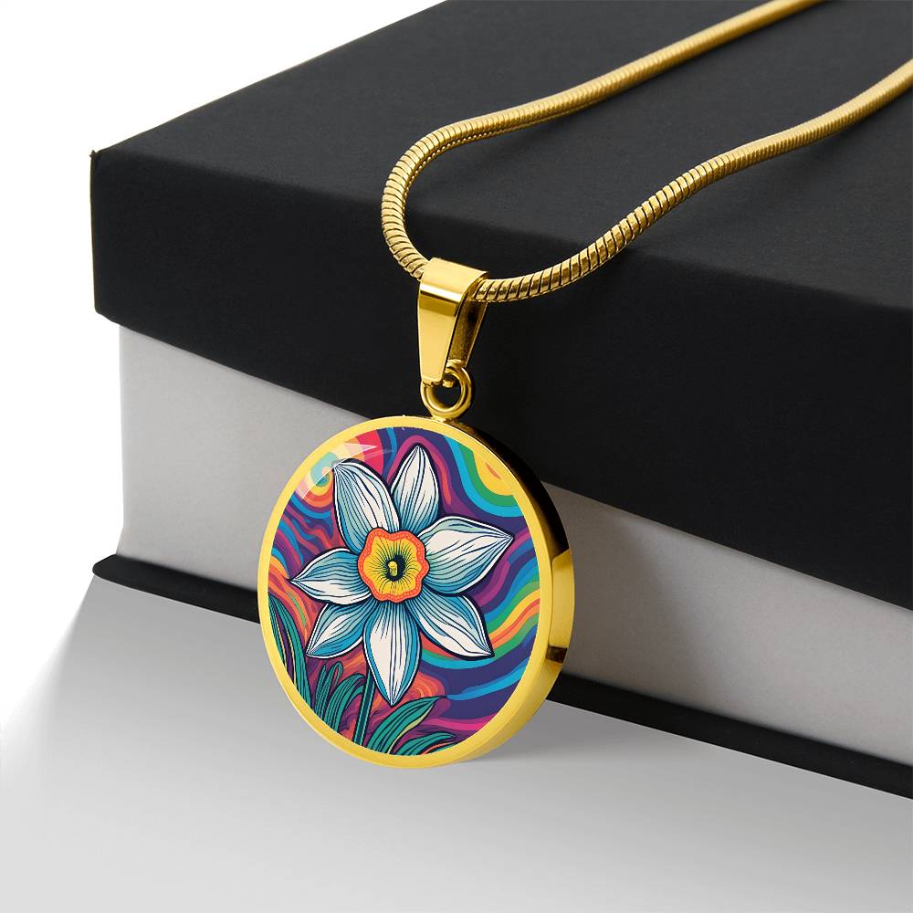 December Birth Flower Narcissus Psychedelic Art Pendant Necklace, Boho hippie Retro Floral Jewelry, Groovy Vintage Art Gift for Her
