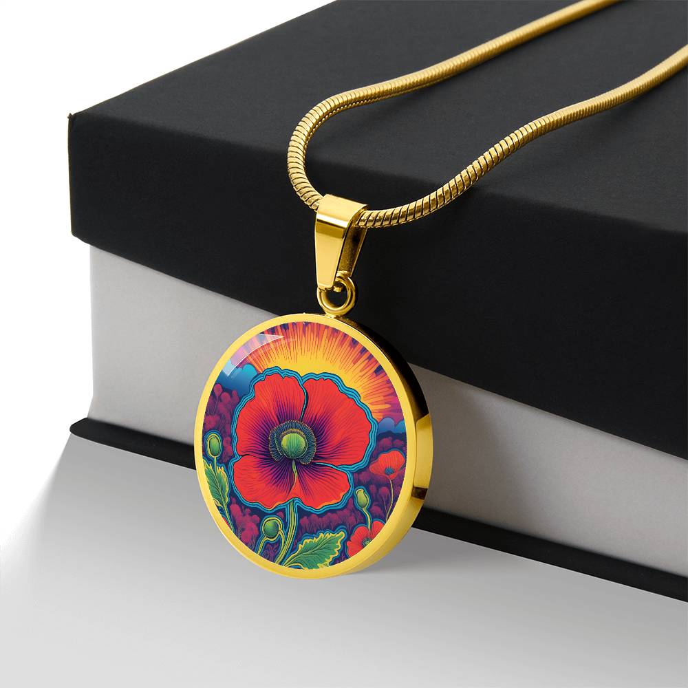 August Birthflower Poppy Trippy 70s 80s Art Pendant Necklace, Boho hippie Retro Poppies Floral Jewelry, Groovy Vintage Art Gift for Her