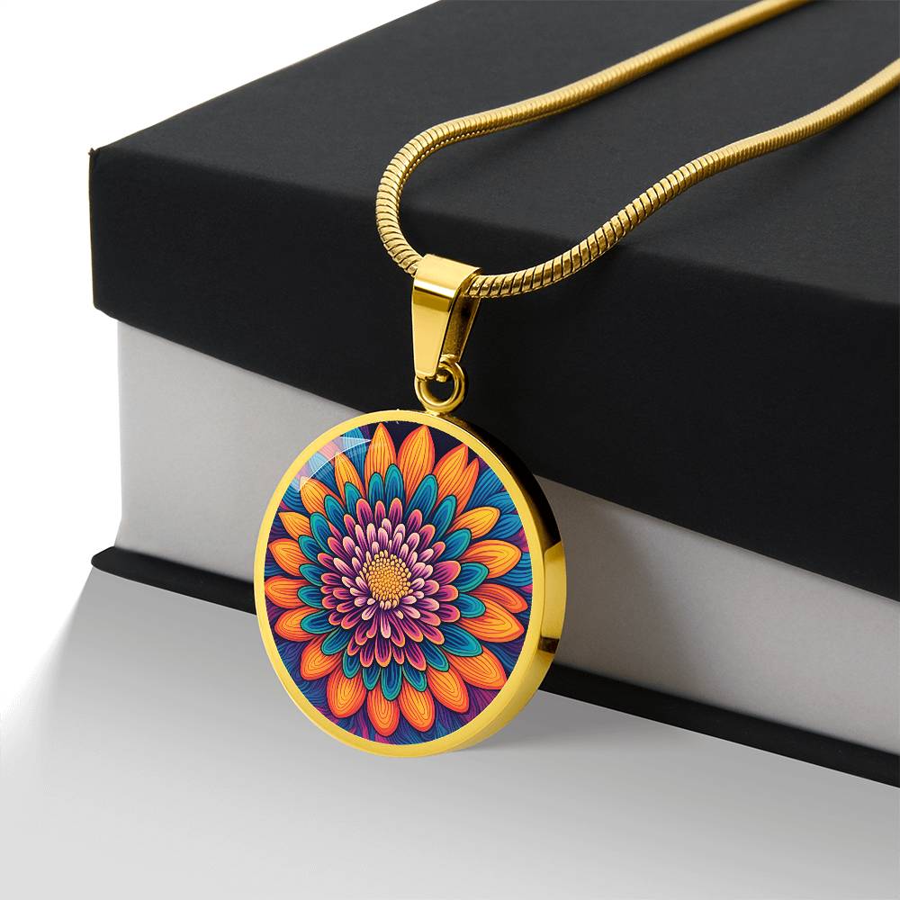 November Birth Flower Chrysanthemum Psychedelic Art Pendant Necklace, Boho hippie Retro Floral Jewelry, Groovy Vintage Art Gift for Her
