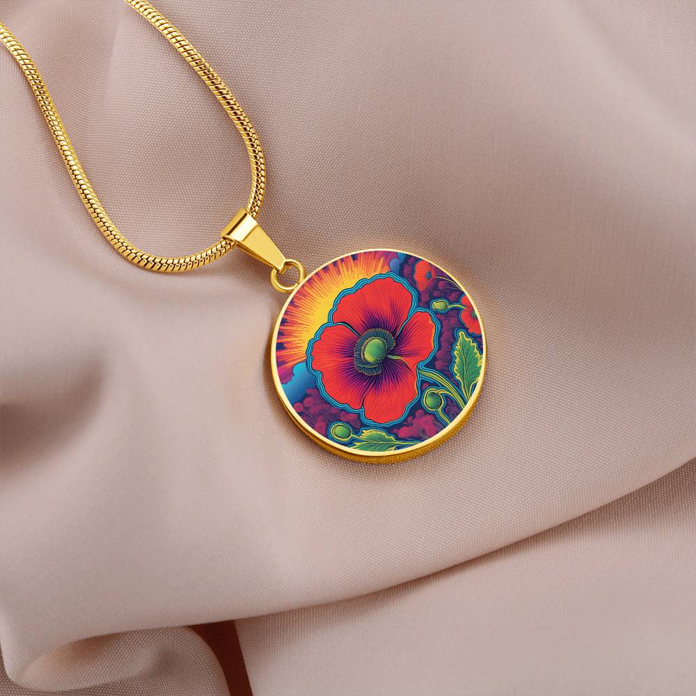 August Birthflower Poppy Trippy 70s 80s Art Pendant Necklace, Boho hippie Retro Poppies Floral Jewelry, Groovy Vintage Art Gift for Her