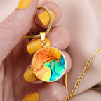 Abstract Alcohol Ink Pendant Necklace Modern Fluid Art Marble Texture Acrylic Paints Orange Turquoise Yellow Trendy Contemporary Art Design