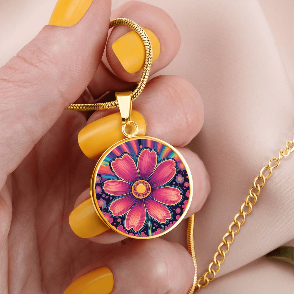 October Birth Flower Cosmos Psychedelic Art Pendant Necklace, Boho hippie Retro Floral Jewelry, Groovy Vintage Art Gift for Her