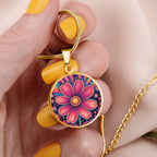 October Birth Flower Cosmos Psychedelic Art Pendant Necklace, Boho hippie Retro Floral Jewelry, Groovy Vintage Art Gift for Her