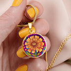 October Birth Flower Marigold Trippy 70s 80s Art Pendant Necklace, Boho hippie Retro Floral Jewelry Marigold Groovy Vintage Art Gift For Her