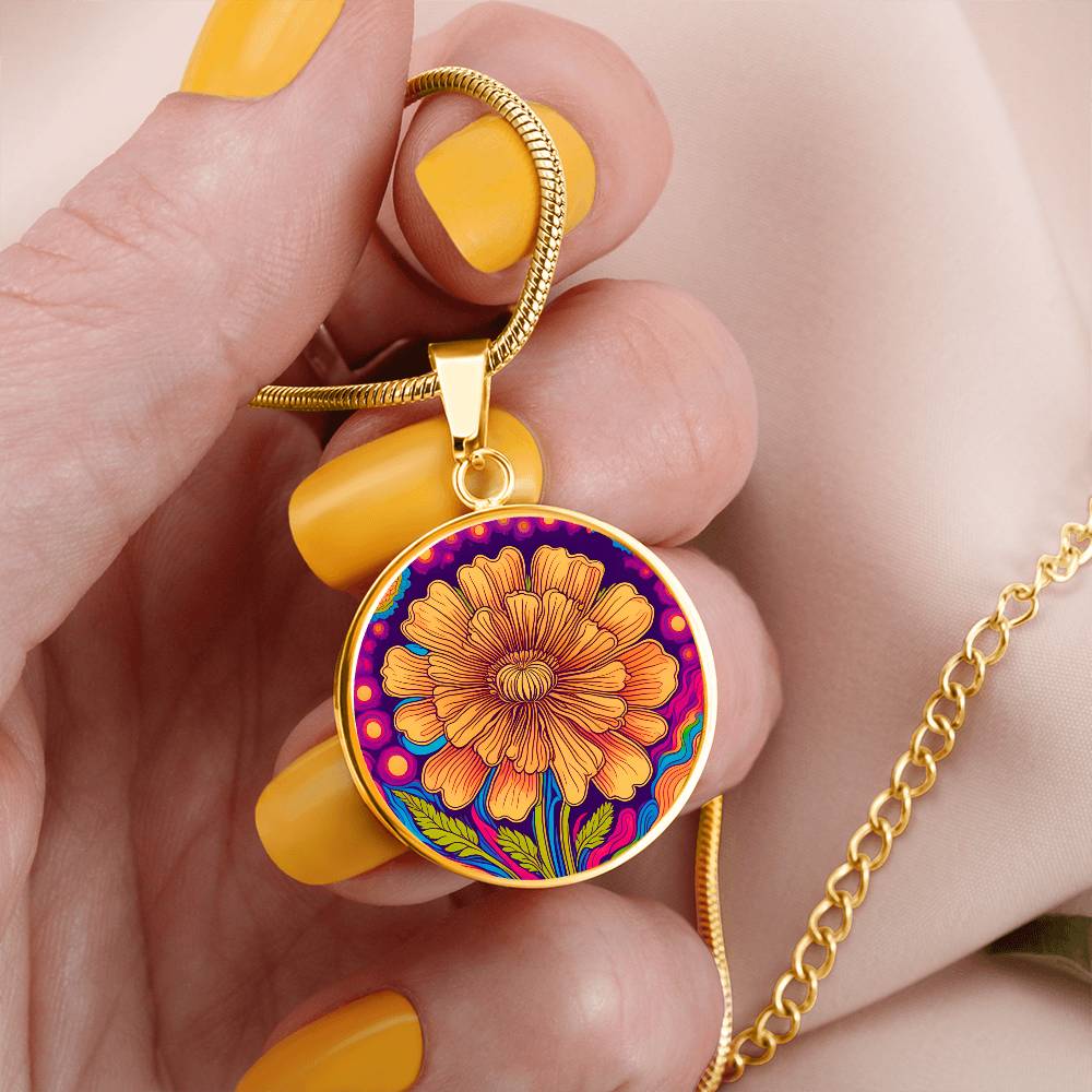 October Birth Flower Marigold Trippy 70s 80s Art Pendant Necklace, Boho hippie Retro Floral Jewelry Marigold Groovy Vintage Art Gift For Her