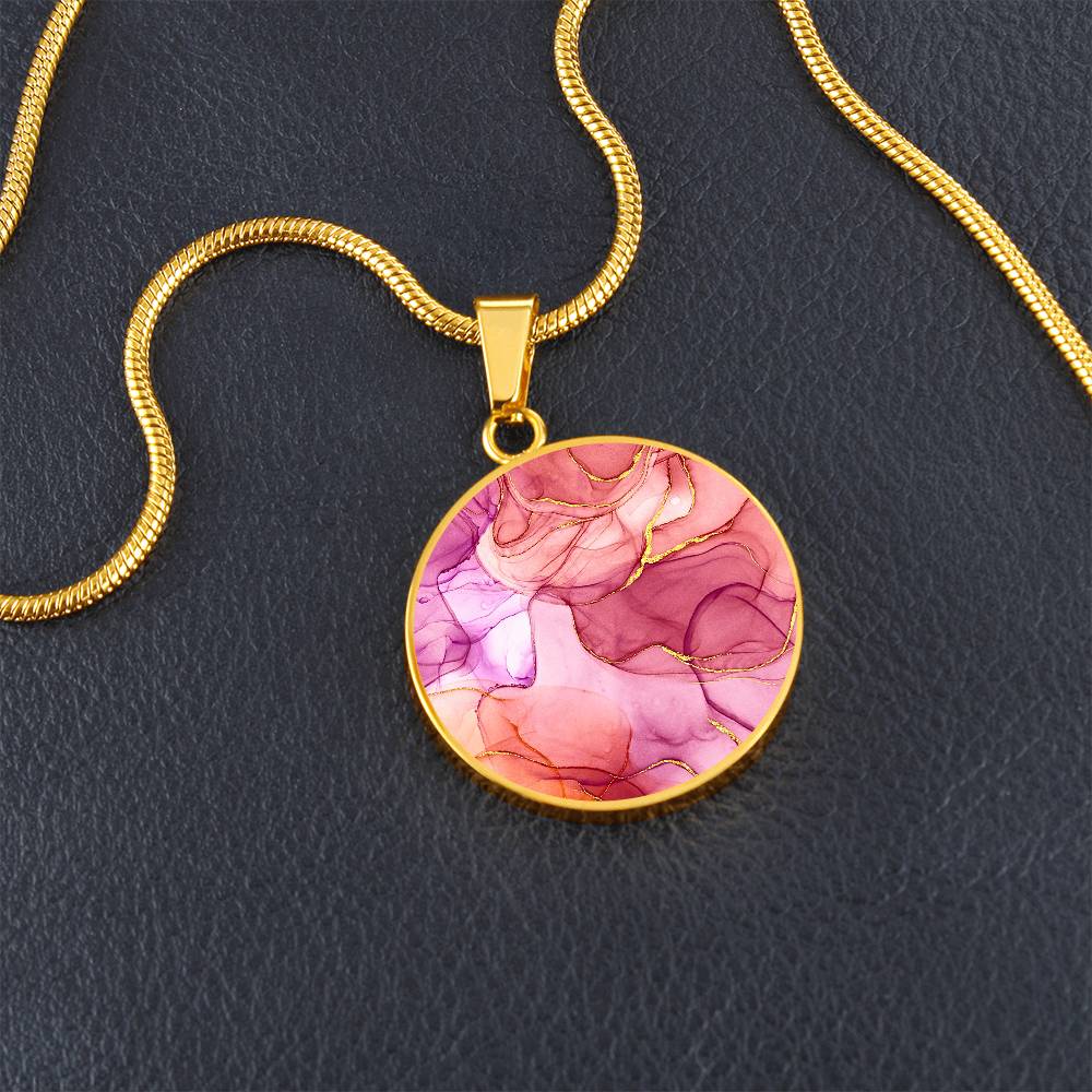 Alcohol Ink Pendant Necklace Pink Purple Gold Wanderlust Jewelry Trendy Fluid Art Colorful Abstract Backgroud Stainless Steel Gold Base