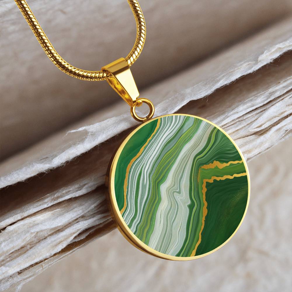 Green Marble Texture Gold Veins Pendant Necklace Gemstone Liquid Art Jade Malachite Slab Wavy Abstract Modern Art Alcohol Ink Pattern