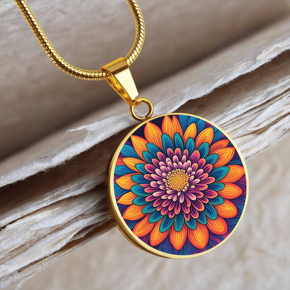 November Birth Flower Chrysanthemum Psychedelic Art Pendant Necklace, Boho hippie Retro Floral Jewelry, Groovy Vintage Art Gift for Her