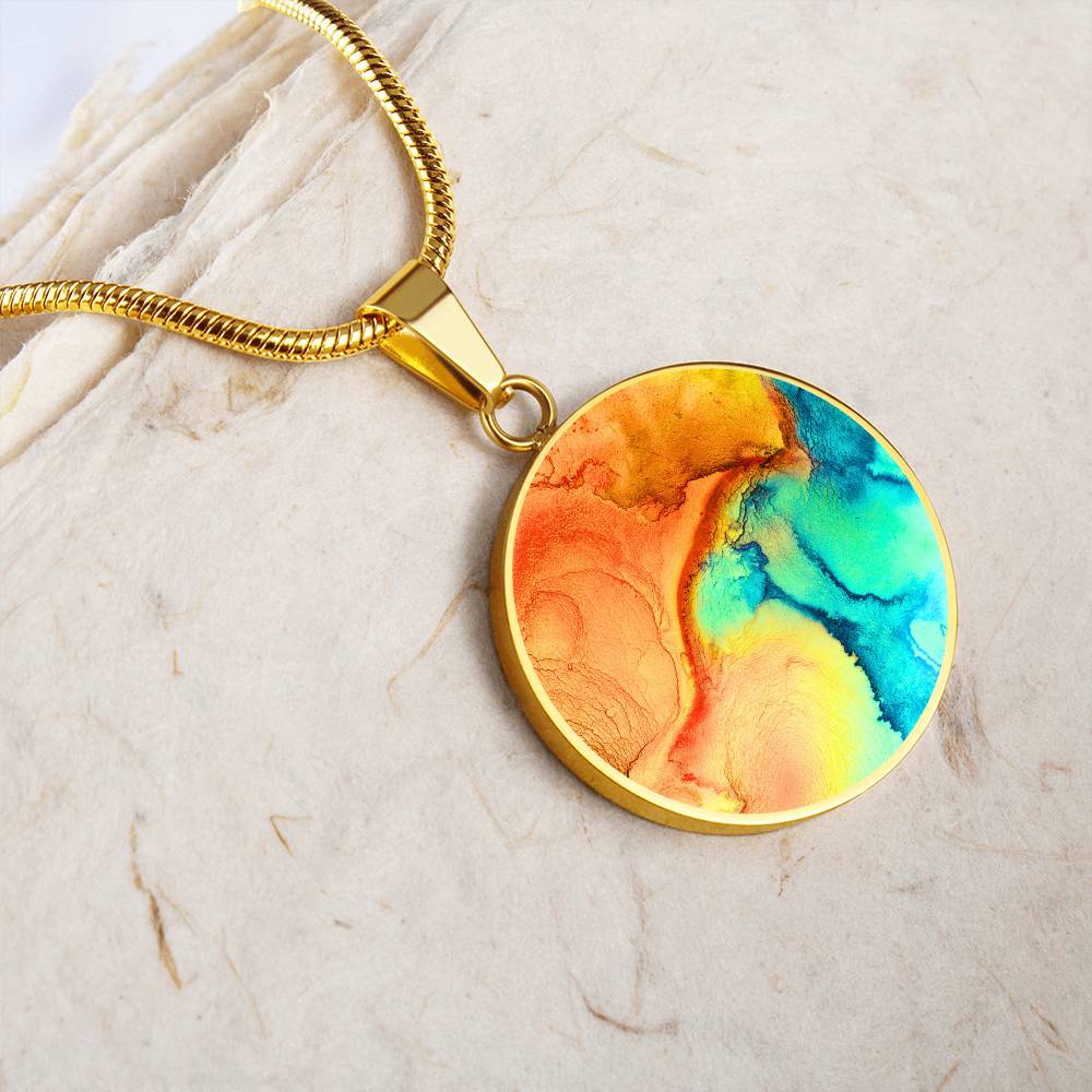 Abstract Alcohol Ink Pendant Necklace Modern Fluid Art Marble Texture Acrylic Paints Orange Turquoise Yellow Trendy Contemporary Art Design