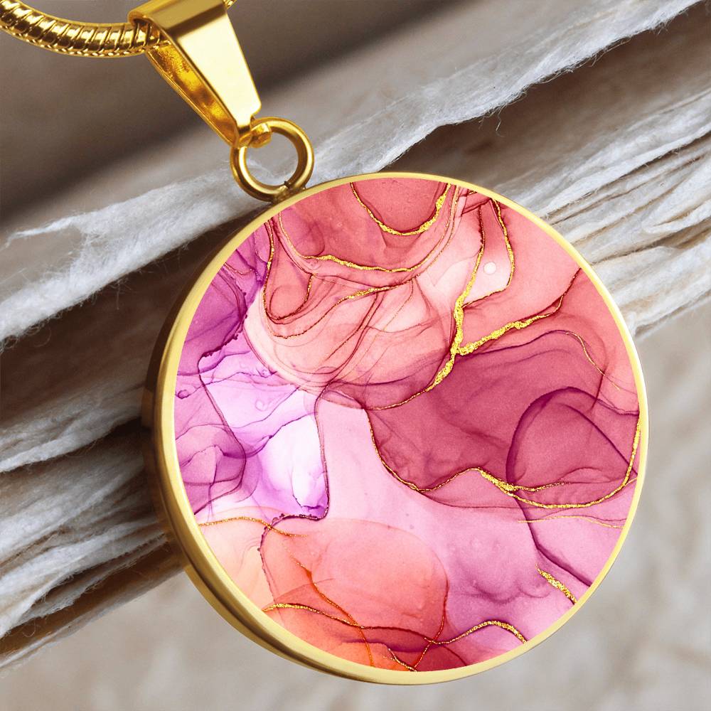 Alcohol Ink Pendant Necklace Pink Purple Gold Wanderlust Jewelry Trendy Fluid Art Colorful Abstract Backgroud Stainless Steel Gold Base
