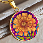 October Birth Flower Marigold Trippy 70s 80s Art Pendant Necklace, Boho hippie Retro Floral Jewelry Marigold Groovy Vintage Art Gift For Her