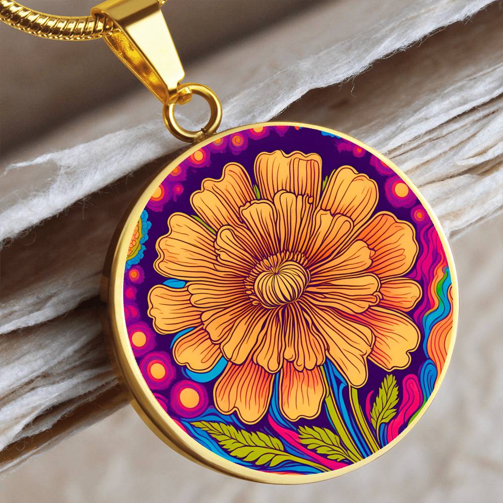 October Birth Flower Marigold Trippy 70s 80s Art Pendant Necklace, Boho hippie Retro Floral Jewelry Marigold Groovy Vintage Art Gift For Her