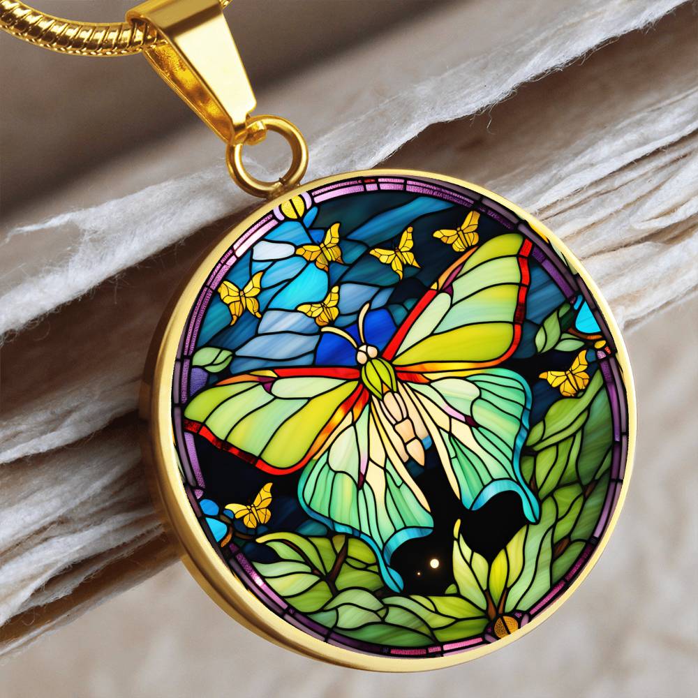 Stained Glass Luna Moth Pendant Necklace, Butterfly Celestial pendant, Lunar Cycle, Cottagecore insect jewelry, Mystic Moon and Moth Pendant