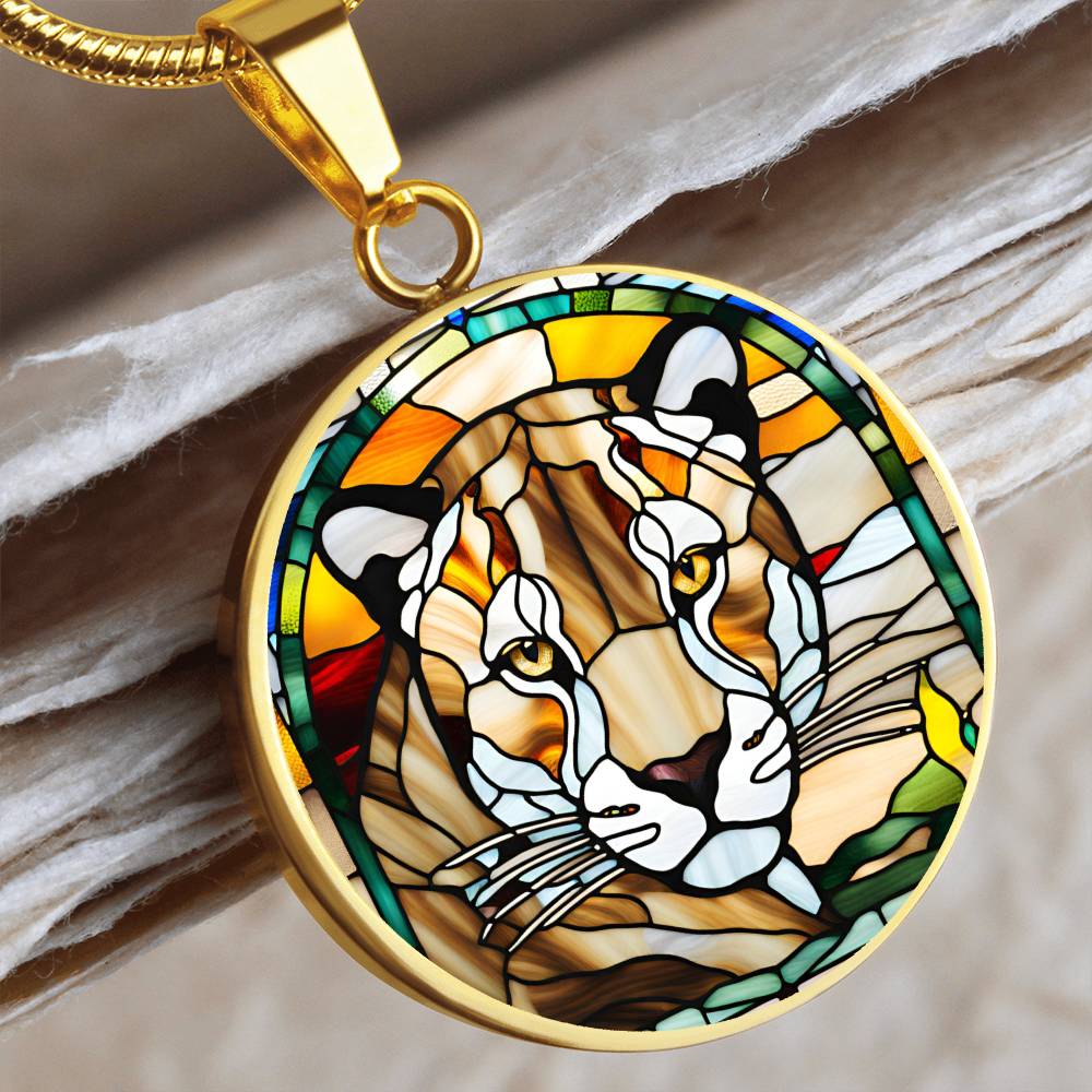 Jaguar Engraved Celtic Native American Zodiac Animal Charm Pendant Stained Glass Art Necklace Protection Spirit Dream Cat Jewelry Gift