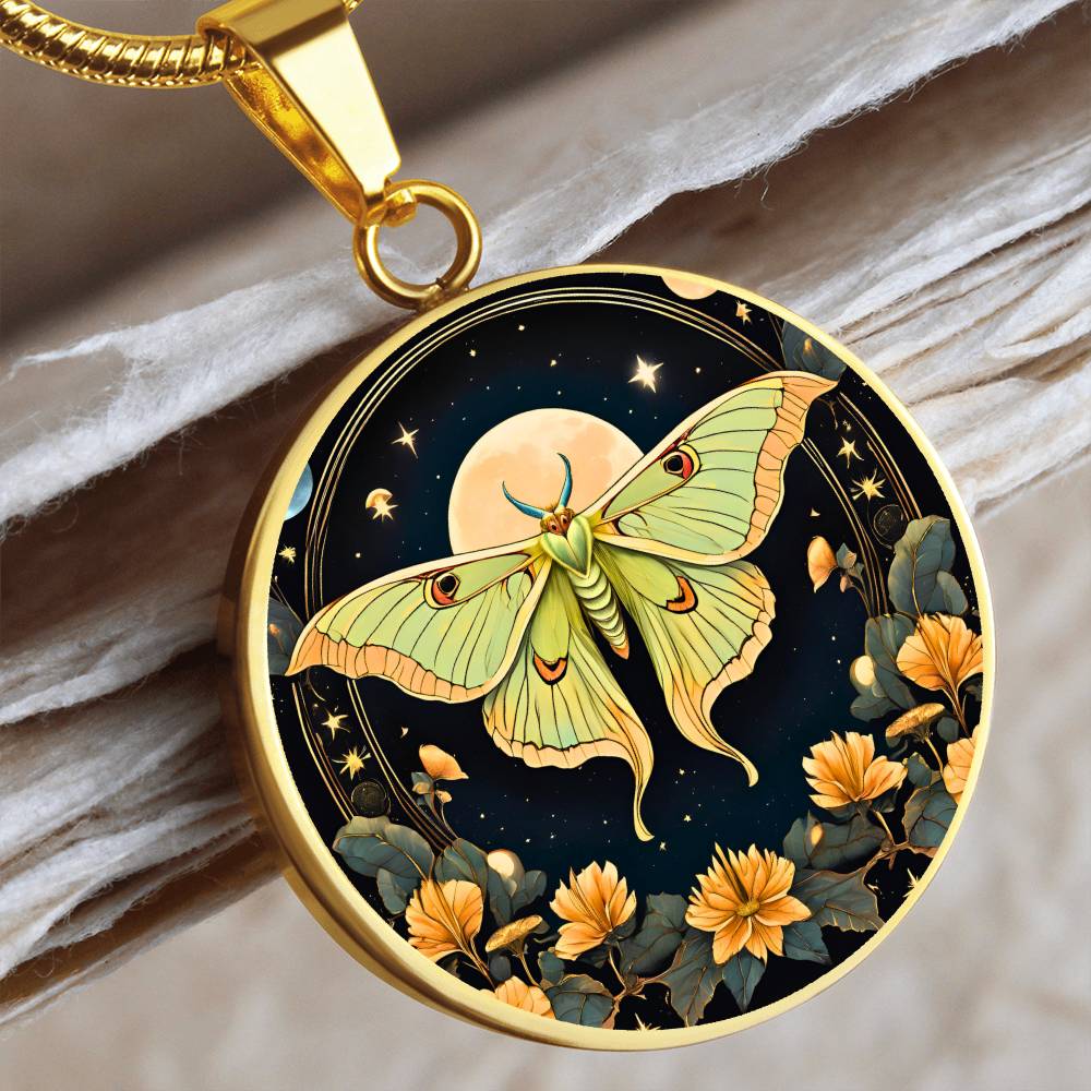 Luna moth pendant, Luna moth jewelry , Butterfly Celestial pendant, Lunar Cycle, Cottagecore insect jewelry, Metaphysical actias luna Chain