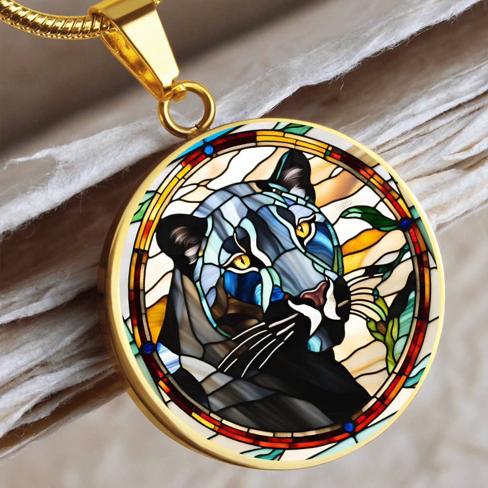 Jaguar Engraved Celtic Native American Zodiac Animal Charm Pendant Stained Glass Art Necklace Protection Spirit Dream Cat Jewelry Gift