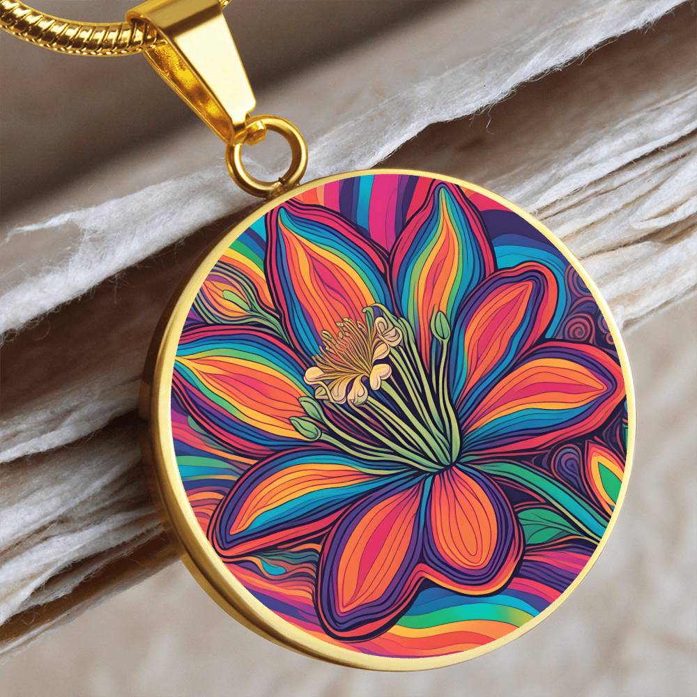 June Birth Flower Honeysuckle Psychedelic Art Pendant Necklace, Boho hippie Retro Floral Jewelry Honeysuckle Groovy Vintage Art Gift for Her