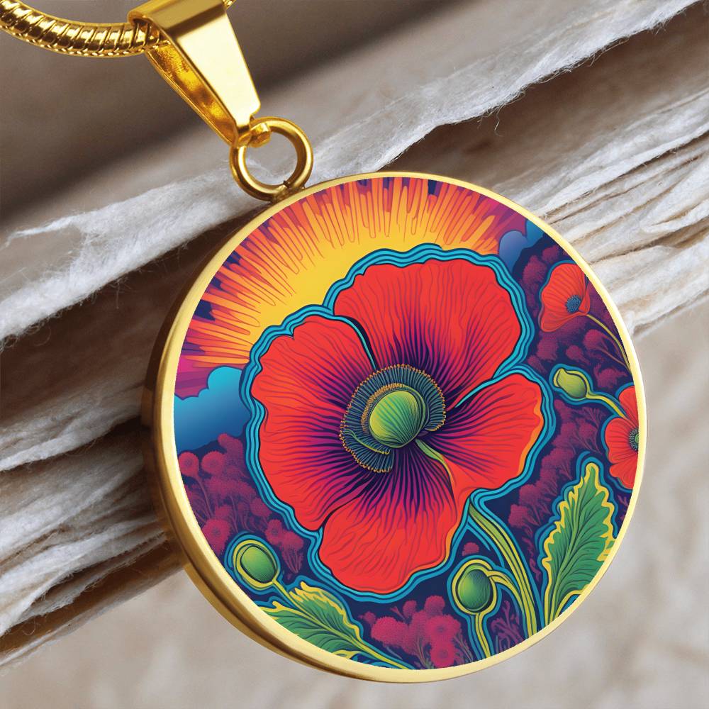 August Birthflower Poppy Trippy 70s 80s Art Pendant Necklace, Boho hippie Retro Poppies Floral Jewelry, Groovy Vintage Art Gift for Her
