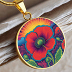 August Birthflower Poppy Trippy 70s 80s Art Pendant Necklace, Boho hippie Retro Poppies Floral Jewelry, Groovy Vintage Art Gift for Her