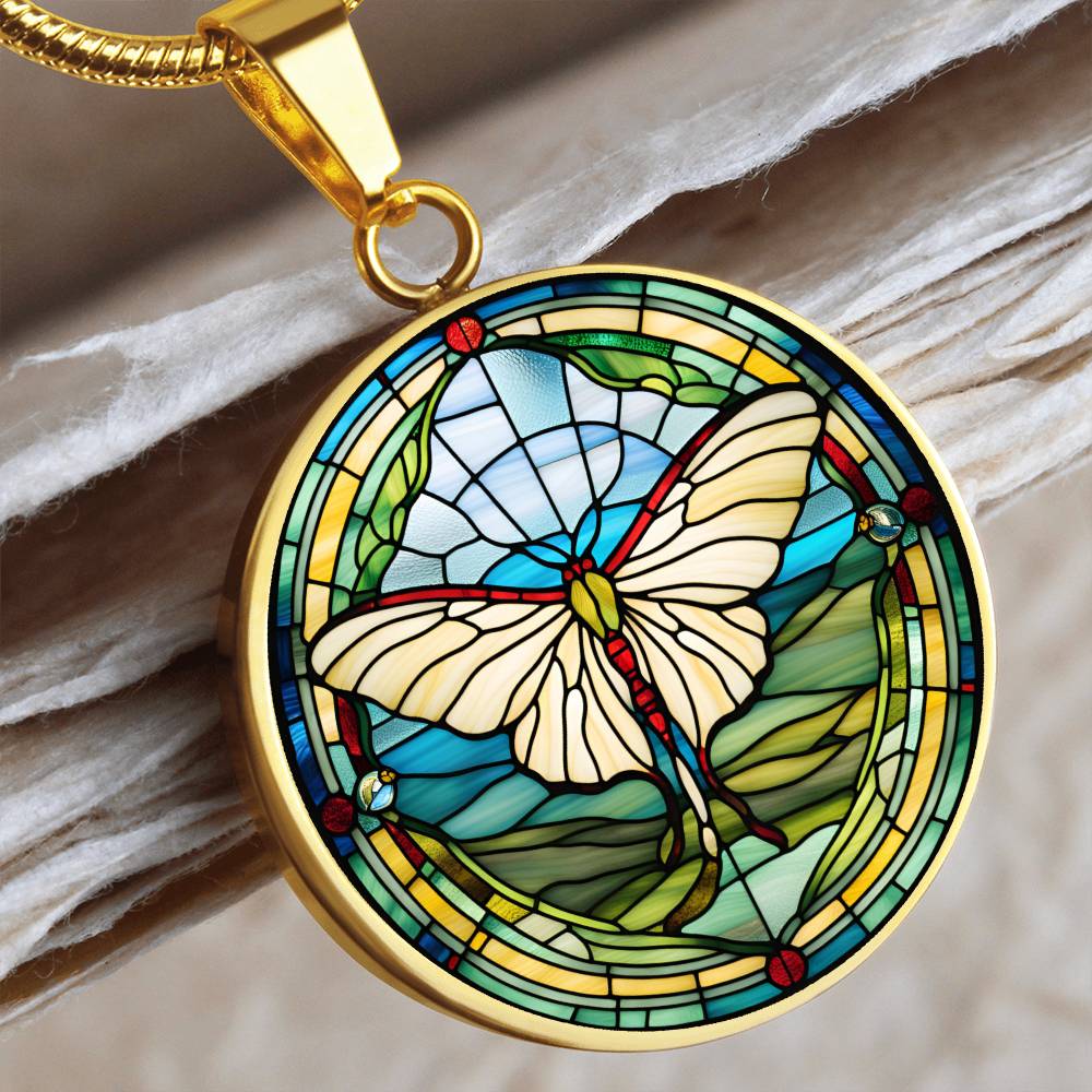 Stained Glass Luna Moth Pendant Necklace, Butterfly Celestial pendant, Lunar Cycle, Cottagecore insect jewelry, Mystic Moon and Moth Pendant
